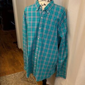 Crown & Ivy Teal and Pink Plaid Button Down Shirt 100% Cotton XXL Classic Fit